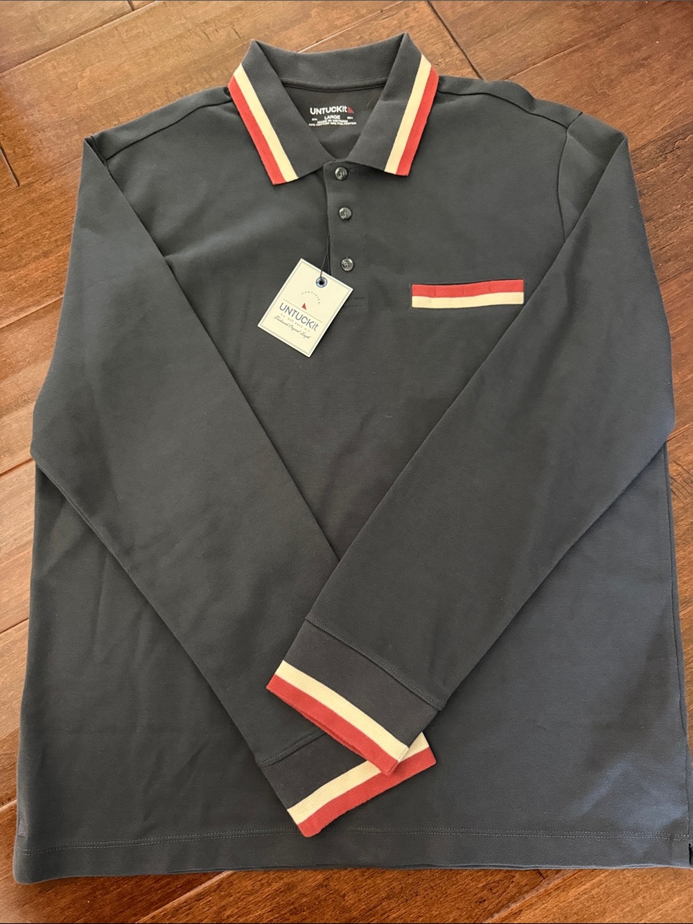 UNTUCKit Grey Long-Sleeve Polo with Red and Cream Trim
